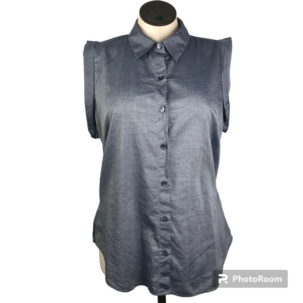 Ann Taylor Button Up Top Women’s Size 16 Color Gray Blue Roll Tab Sleveless